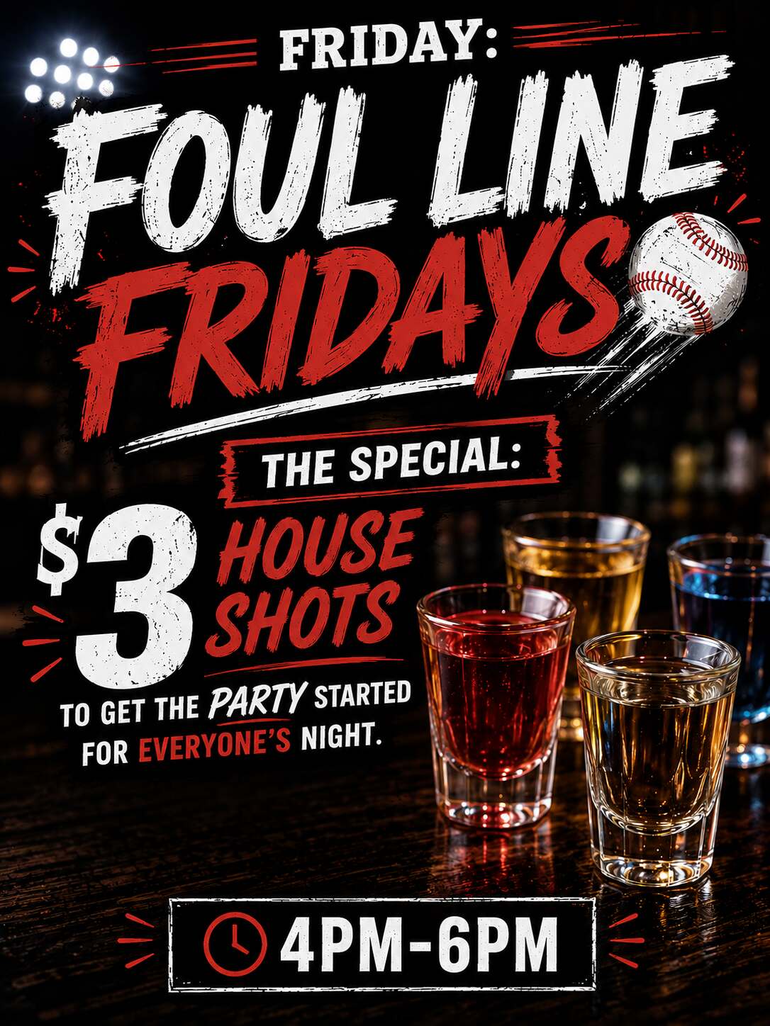 Friday: Foul Line Fridays - $3 House Shots special from 4pm-6pm