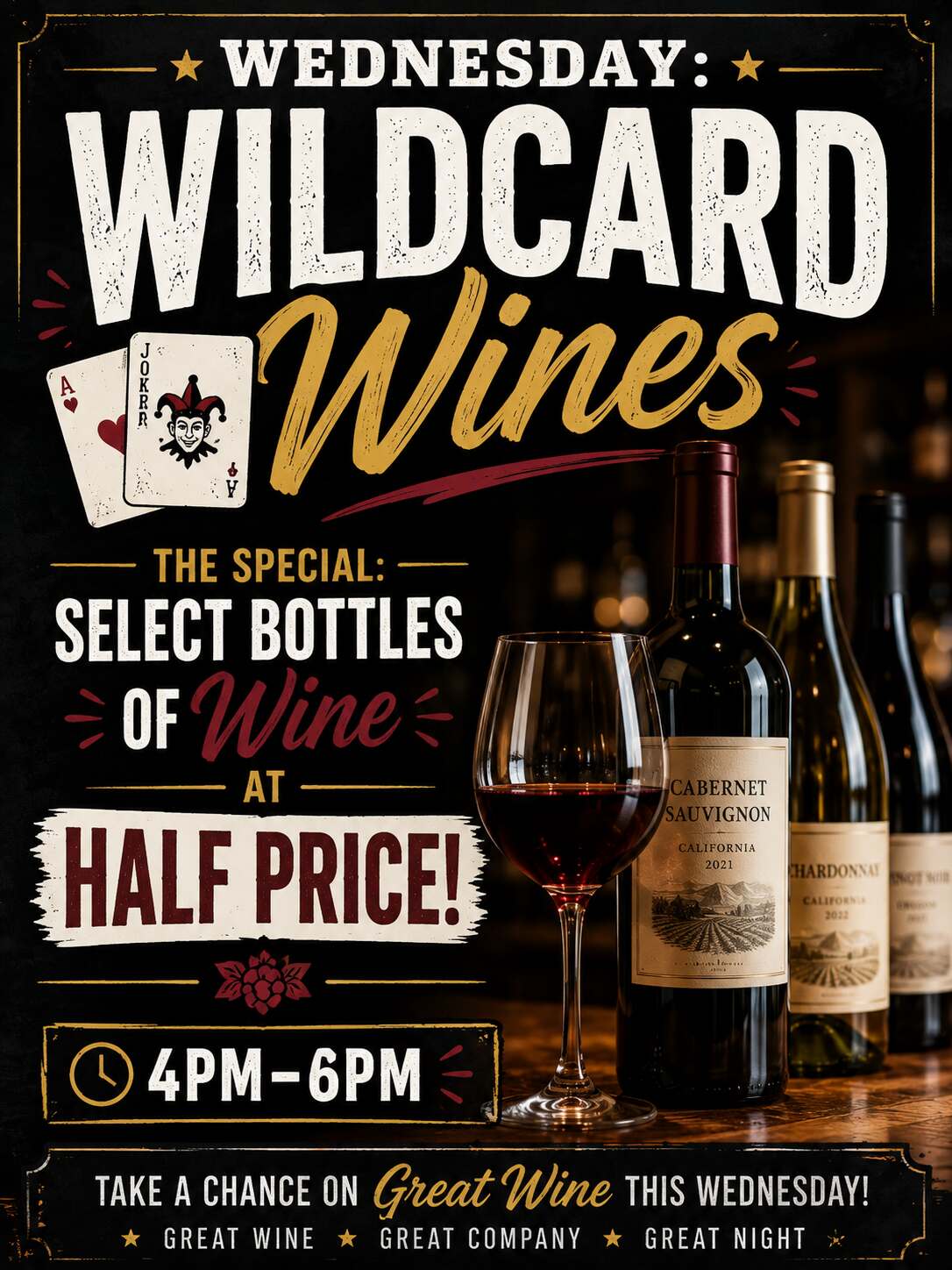 Wednesday: Wildcard Wines - Half Price select bottles of wine special from 4pm-6pm